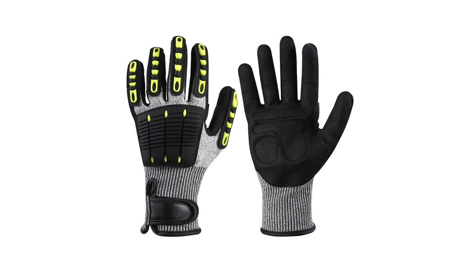 Pair of black TPR impact gloves with yellow accents and padded gel palms