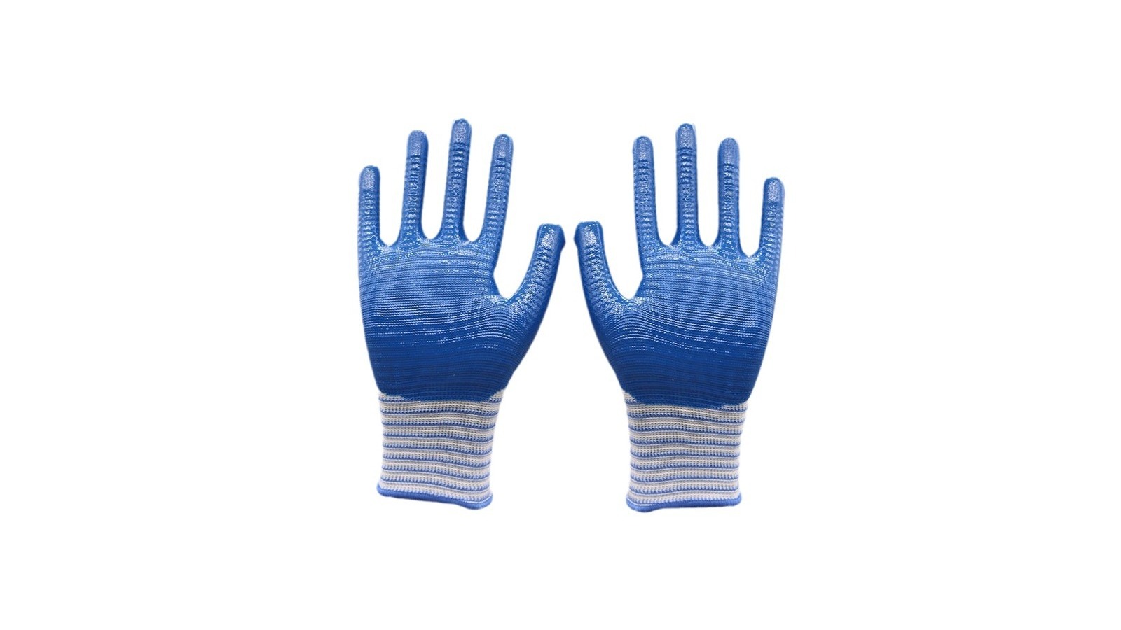 Pair of blue fully coated construction gloves with striped knit cuffs