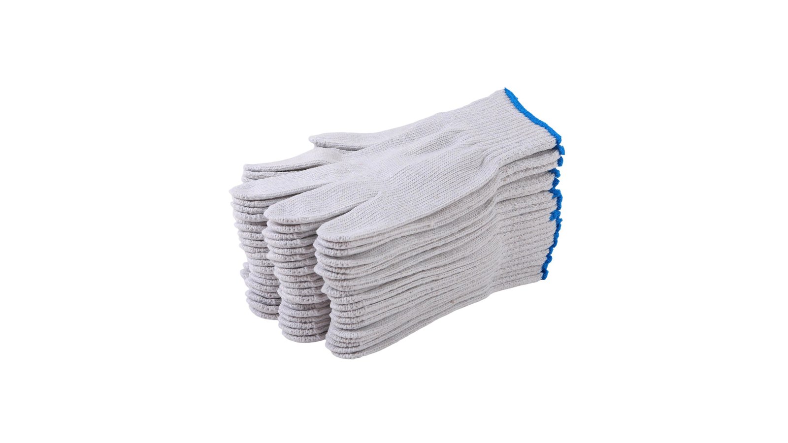 Stack of white cotton jersey work gloves with blue cuffs