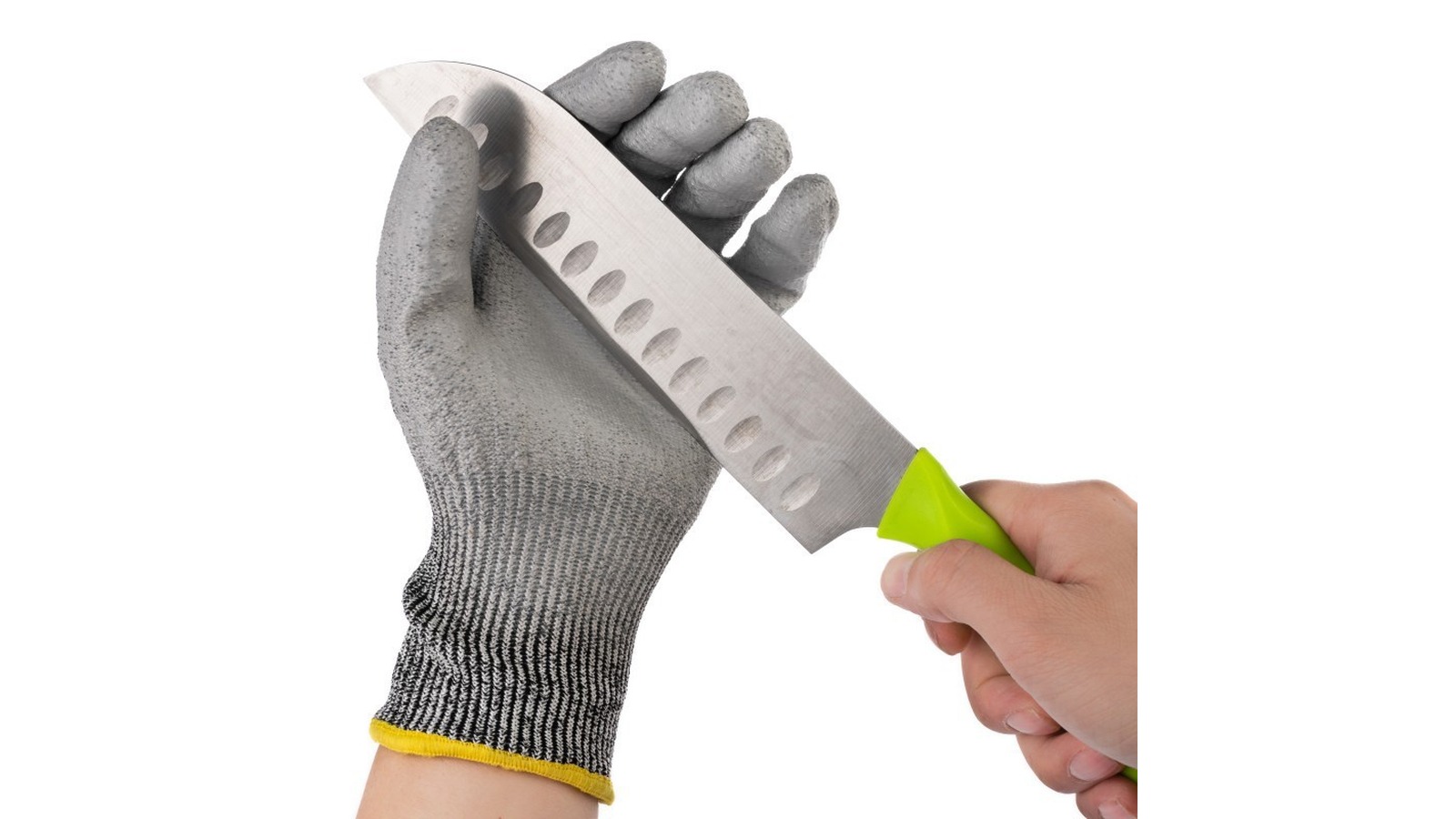 Grey PU-coated HPPE knit glove with a knife blade pressed across the palm