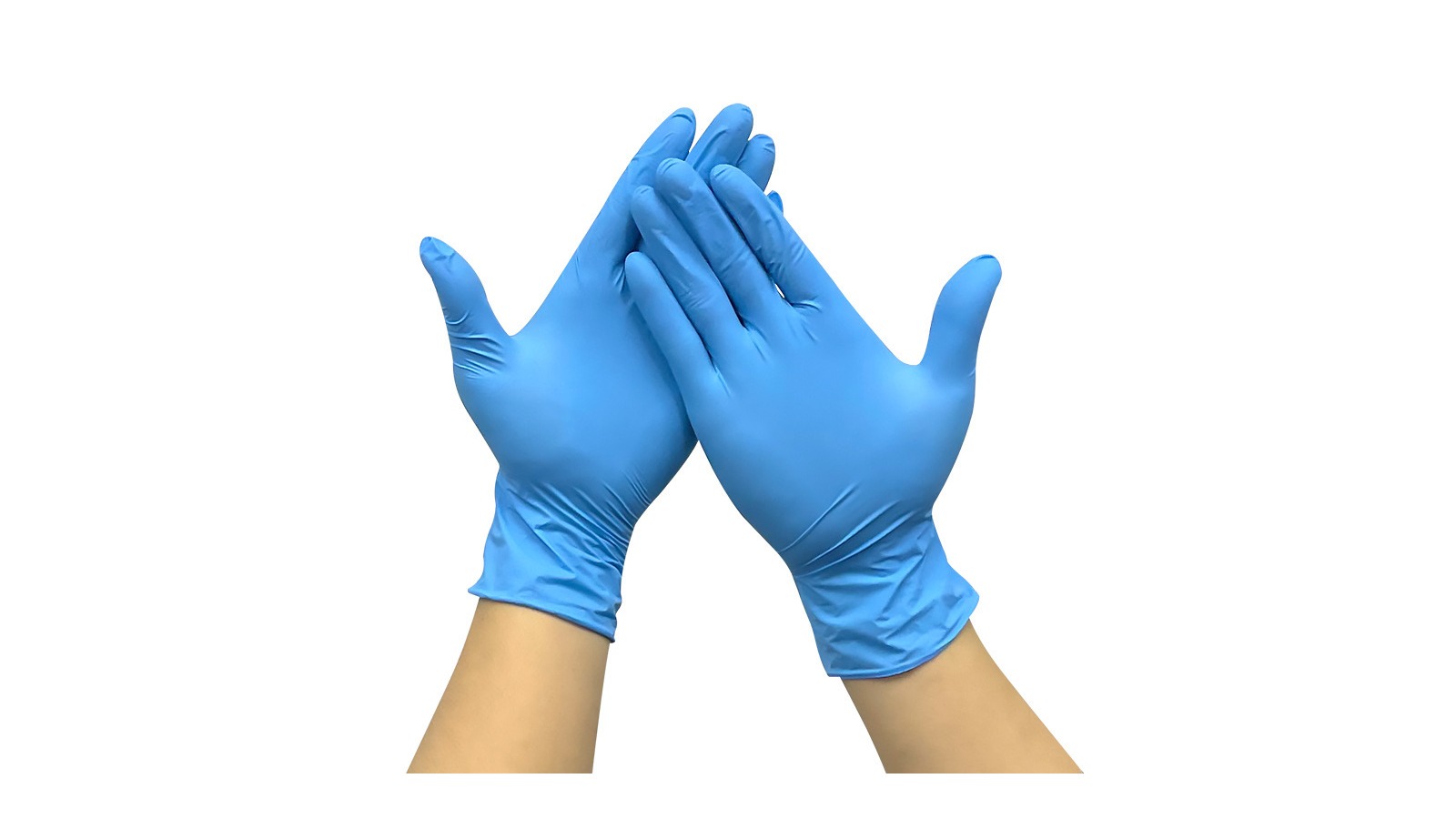 Pair of blue nitrile disposable gloves with textured fingertips, palms facing forward
