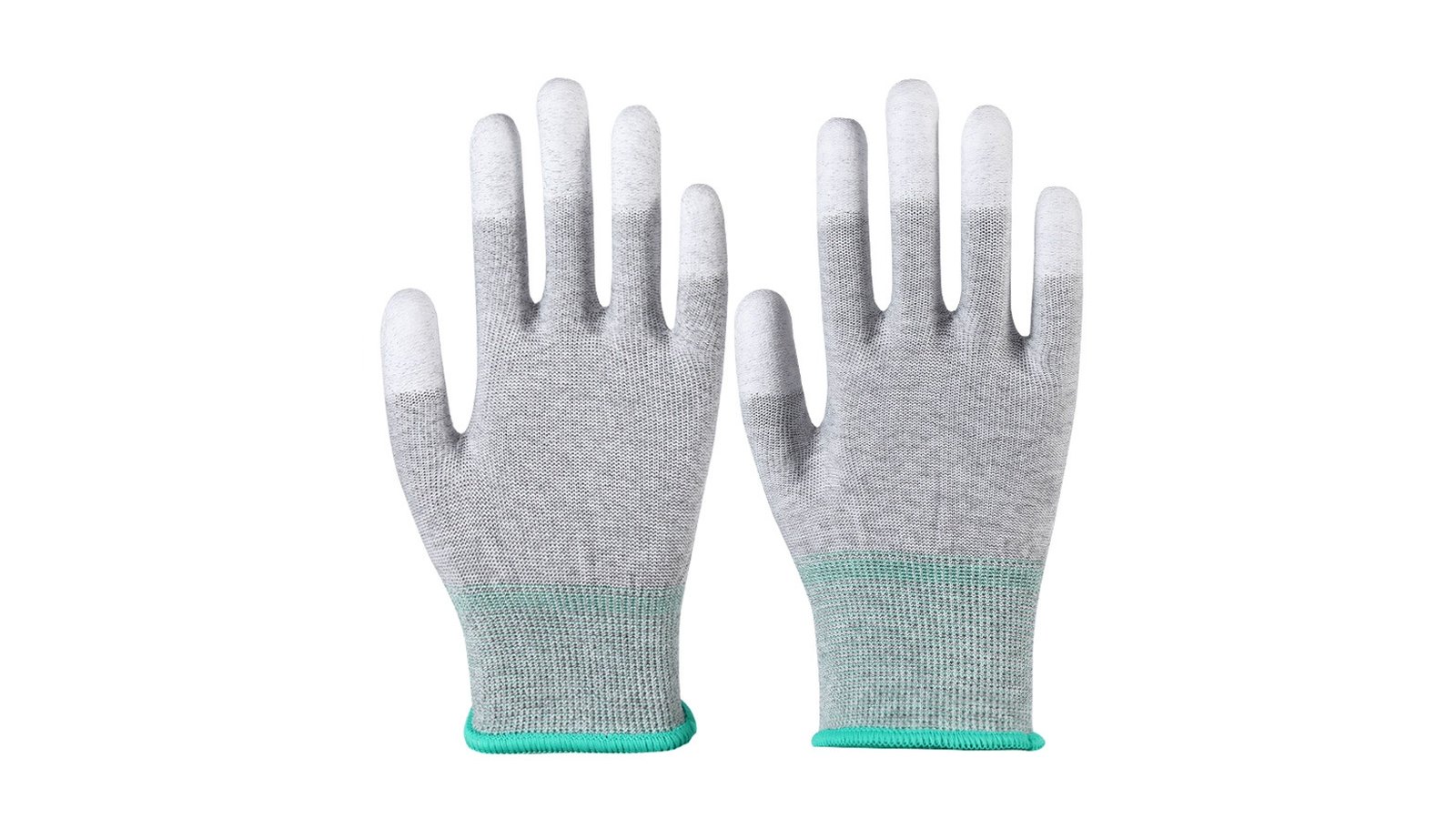 Grey carbon-knit ESD gloves with green cuffs