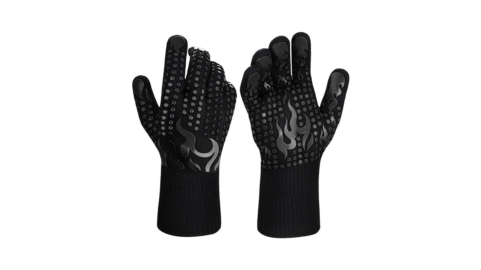 Pair of black aramid-blend heat-resistant gloves with silicone grip dots on white