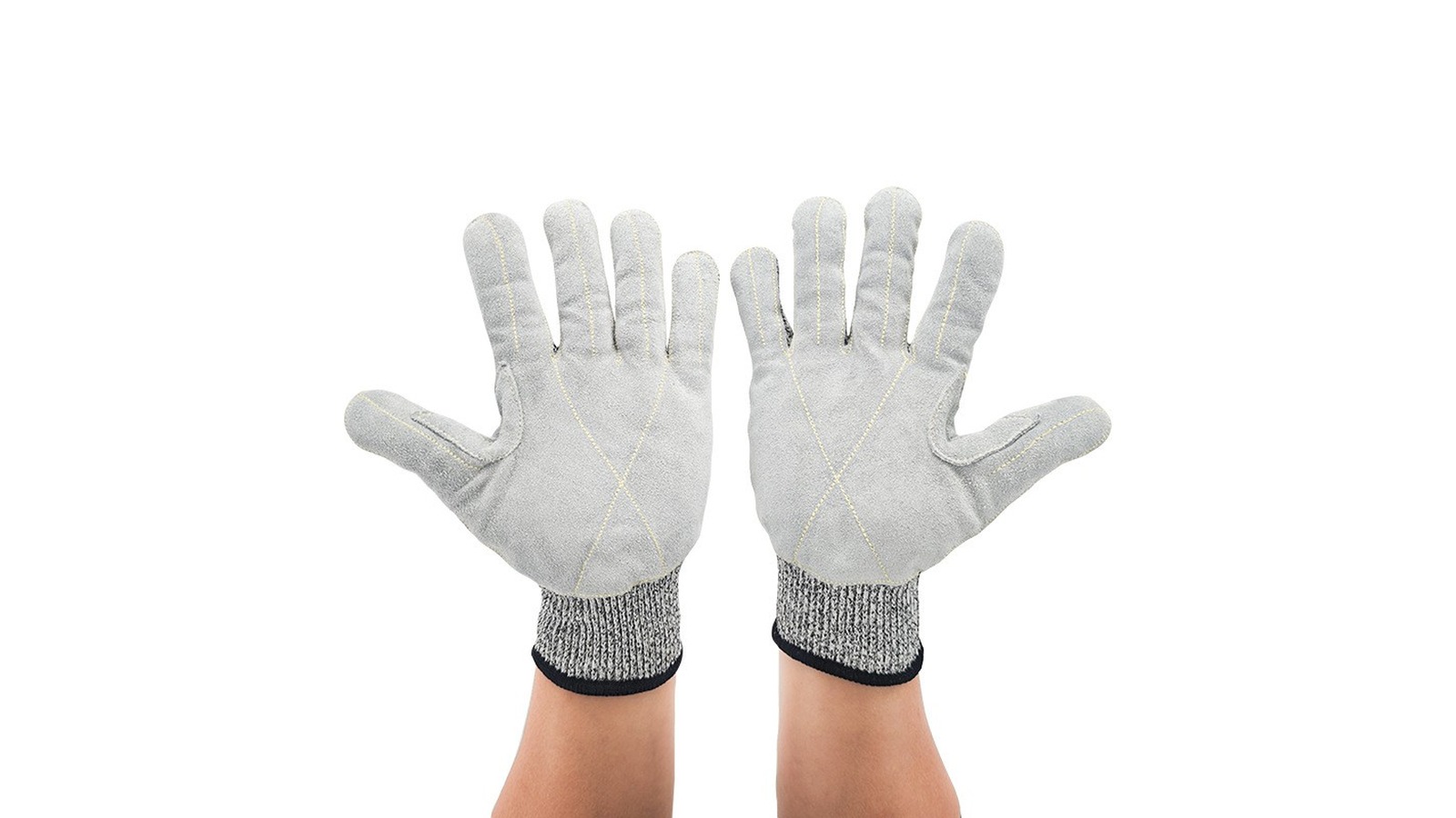Pair of grey HPPE gloves with grey leather palm patches, palms facing