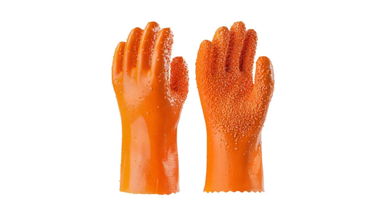 Pair of orange PVC fully coated gloves with sandy grip palms on white