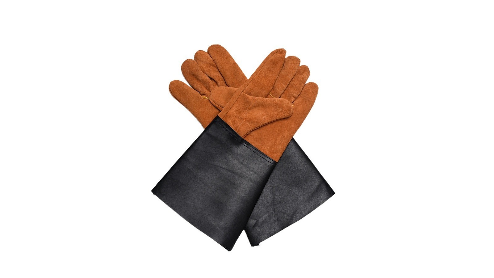 Pair of tan split-cowhide welding gauntlets with black cuffs, laid flat